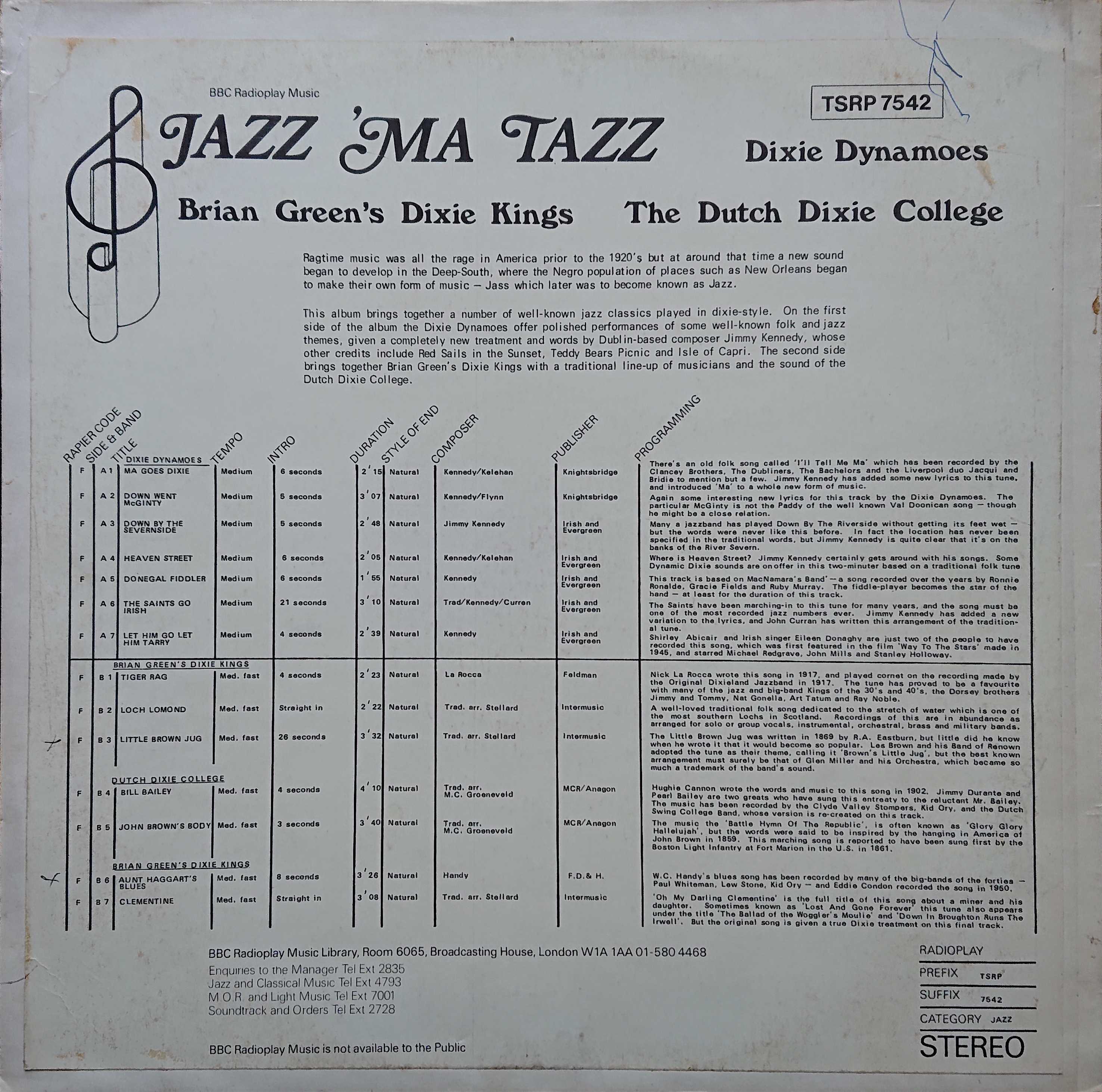Picture of TSRP 7542 Jazz'ma tazz by artist Brian Green's Dixie Band from the BBC records and Tapes library